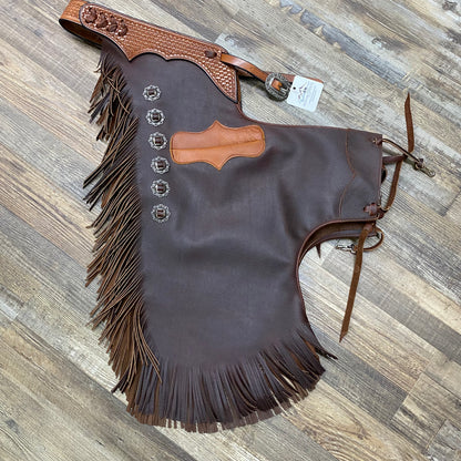 Chinks Amish Custom Storm Leather Tooled Basket Weave With Antique Silver Conchos & Interior Pocket