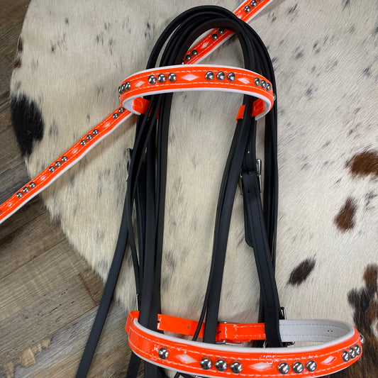 Biothane Black & Neon Orange Diamond Inlay & Studded Bridle w/ Matching Strait Breast Collar & Reins