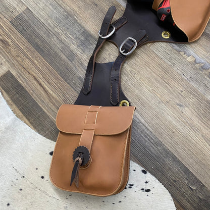 Small Chain Saw Horn Bags w/ Adjustable Straps & Flap Bag Amish Crafted High Quality Leather & Stainless Steel Hardware
