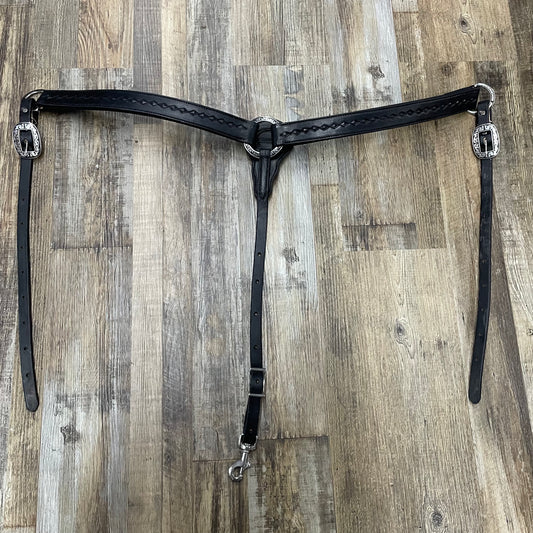 Diamond Tooled  Schwartz Leather Western Straight Breast Collar - Black w/ PREMIUM Black inlay Silver Hardware