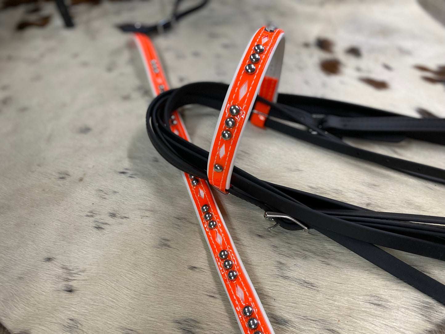 Biothane Black & Neon Orange Diamond Inlay & Studded Bridle w/ Matching Strait Breast Collar & Reins