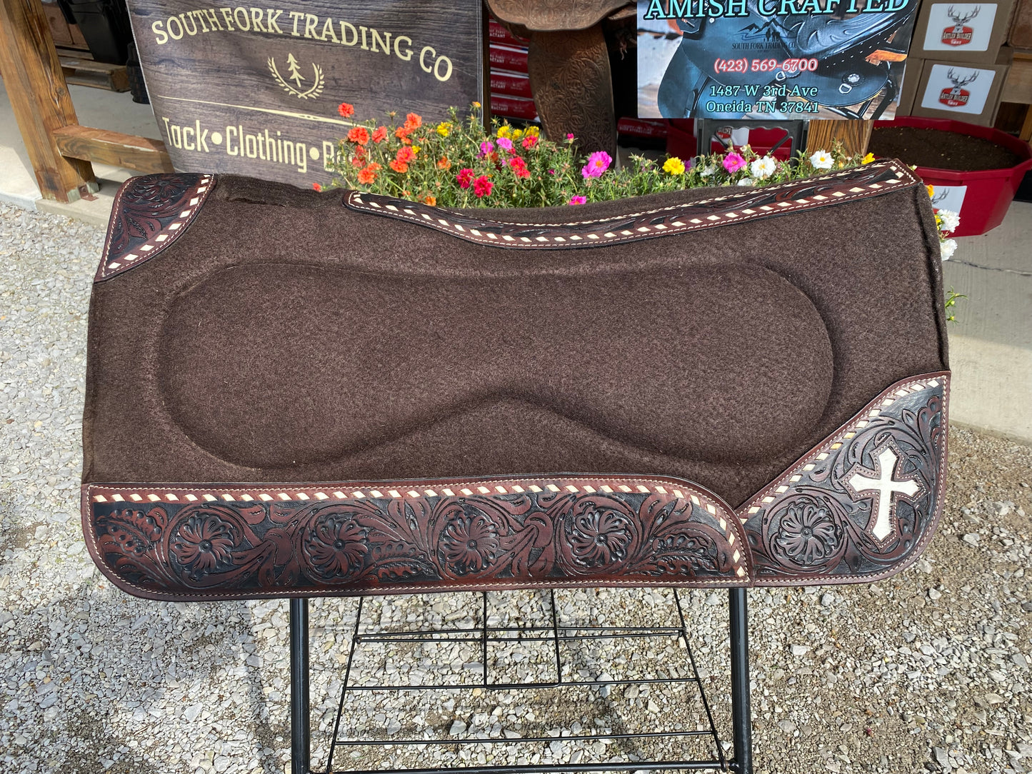 31 x 29 ALL PURPOSE SADDLE PAD 1inch Thick Tan w/ Floral Tooled Leather, White Stitching, & Cowhide Cross Design Pre-Loved