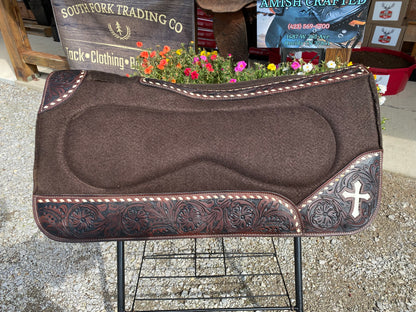 31 x 29 ALL PURPOSE SADDLE PAD 1inch Thick Tan w/ Floral Tooled Leather, White Stitching, & Cowhide Cross Design Pre-Loved