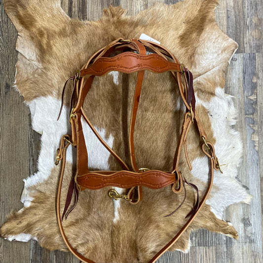 Barbed Wire Tooled Schwartz Scalloped Light Brown Headstall & Matching Breast Collar Leather & Stainless Steep Hardware