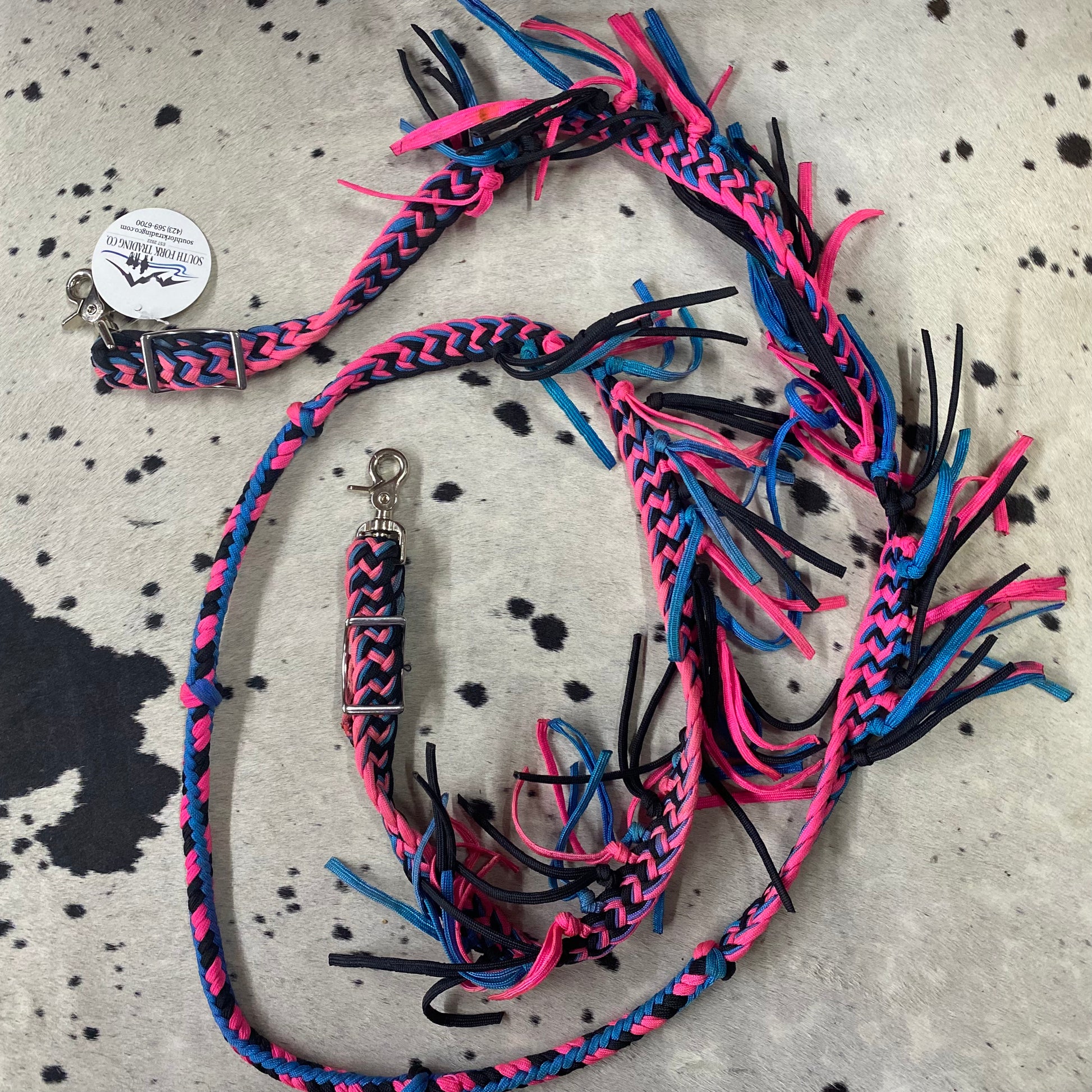 Fringe Power Cord Hand Braided Reins Pink, Black, & Blue