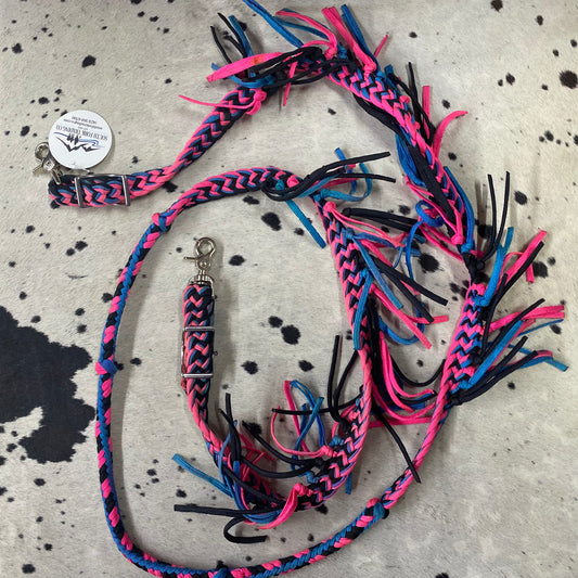 Fringe Power Cord Hand Braided Reins Pink, Black, & Blue