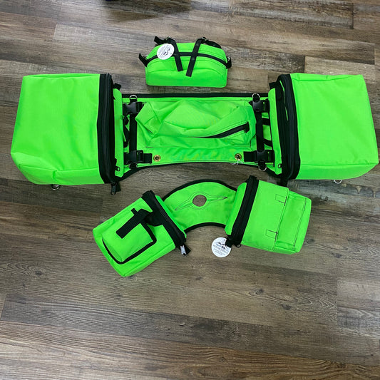 3 Piece Set Amish Made LIME GREEN Detachable Saddle Bags,  Horn Bags w/ Drink Holder & Pommel Bag