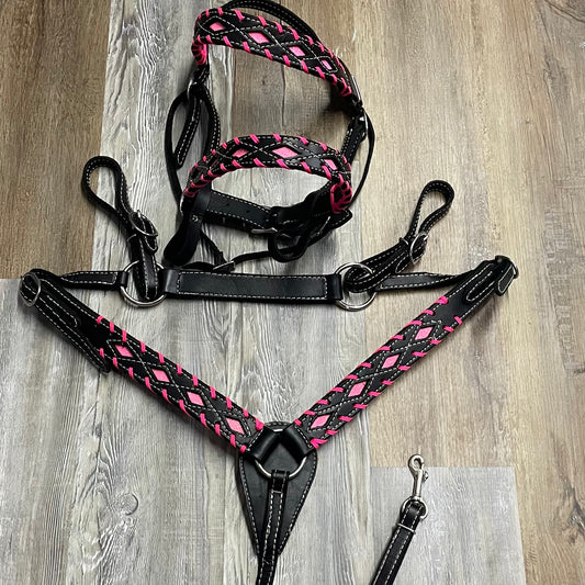 NEON PINK Sparkly Inlay & Black Leather Bridle w/ Nose Band, & Matching 3 Point Breast Collar