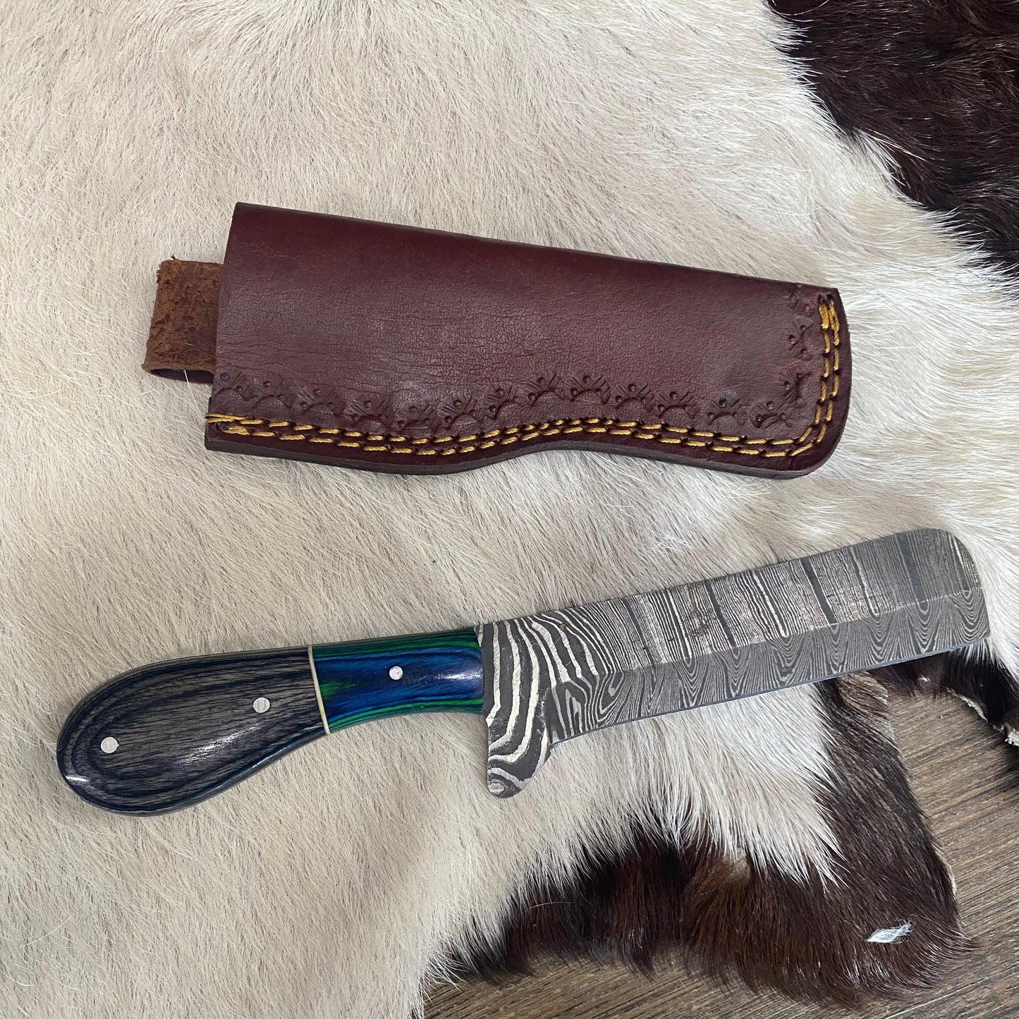 Hand Crafted Rivera Damascus Knife With Leather Sheath