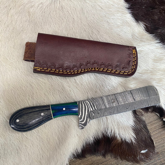 Hand Crafted Rivera Damascus Knife With Leather Sheath