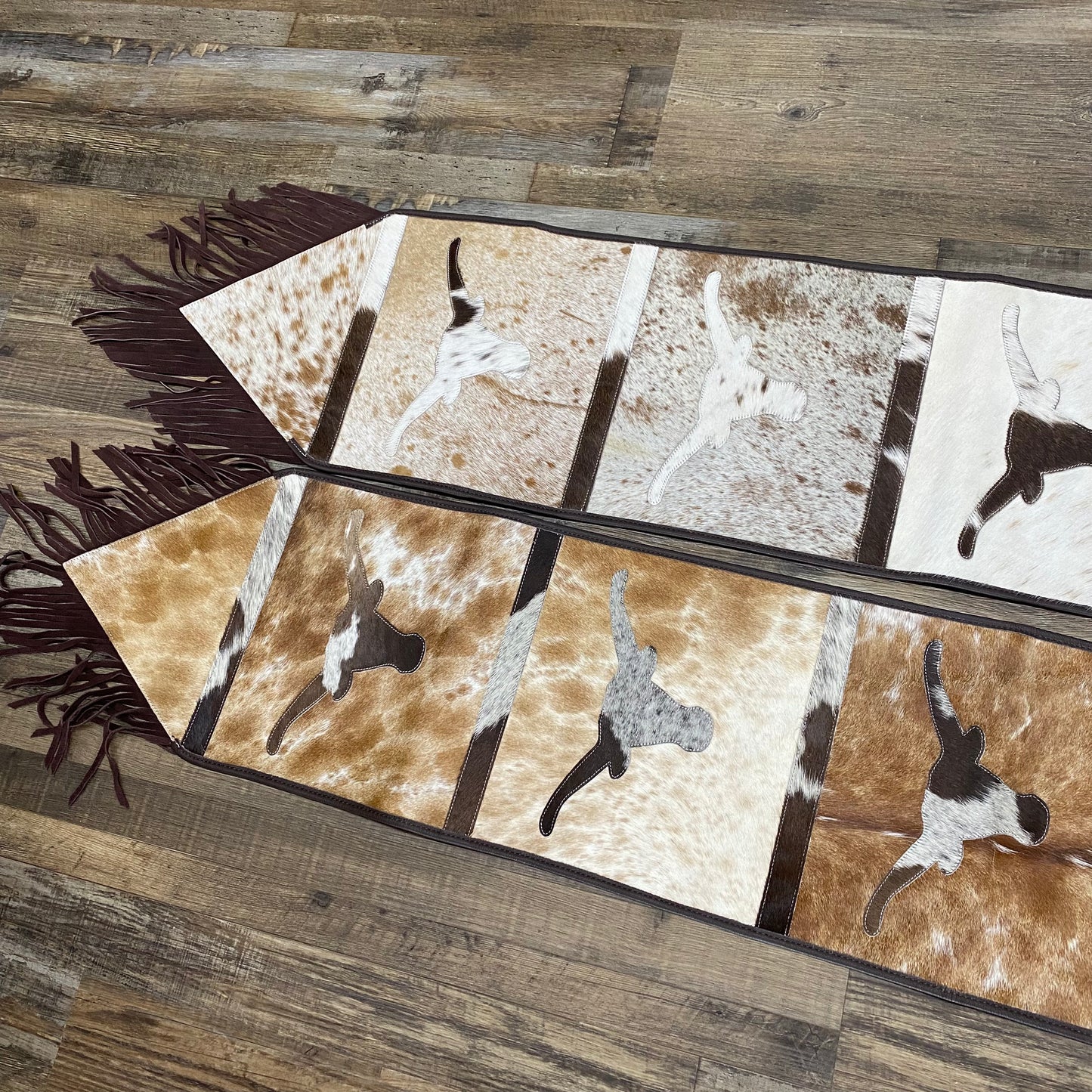 Amish Crafted Cowhide Patchwork Embellish Table Runners w/ Stars or Cow Heads