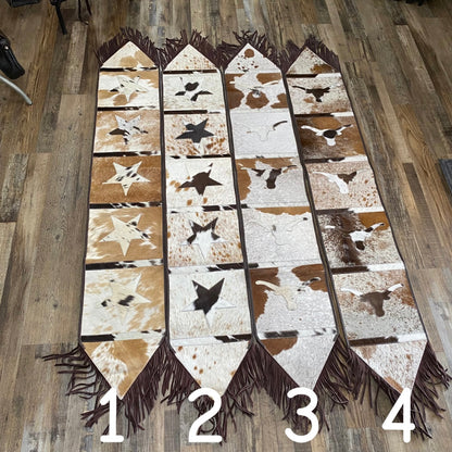 Amish Crafted Cowhide Patchwork Embellish Table Runners w/ Star or Cow Skull Design