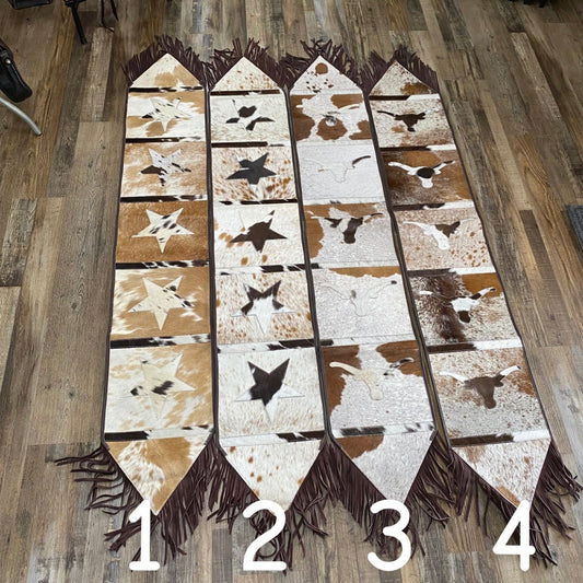 Amish Crafted Cowhide Patchwork Embellish Table Runners w/ Star or Cow Skull Design