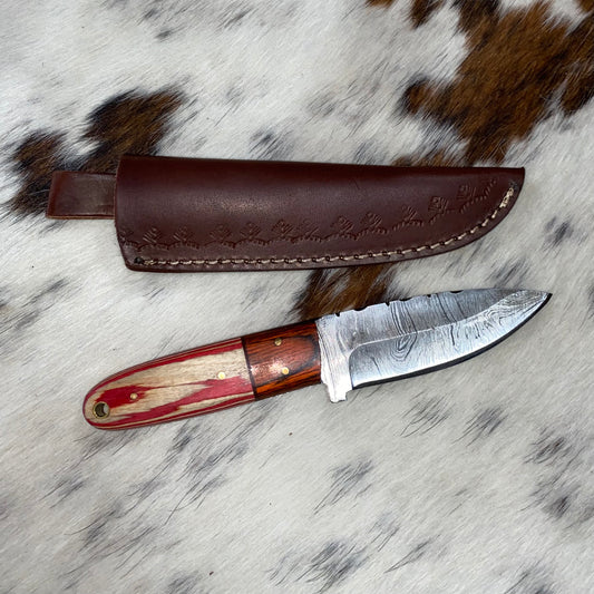 Hand Crafted Red and White Damascus Knife w/ Leather Sheath