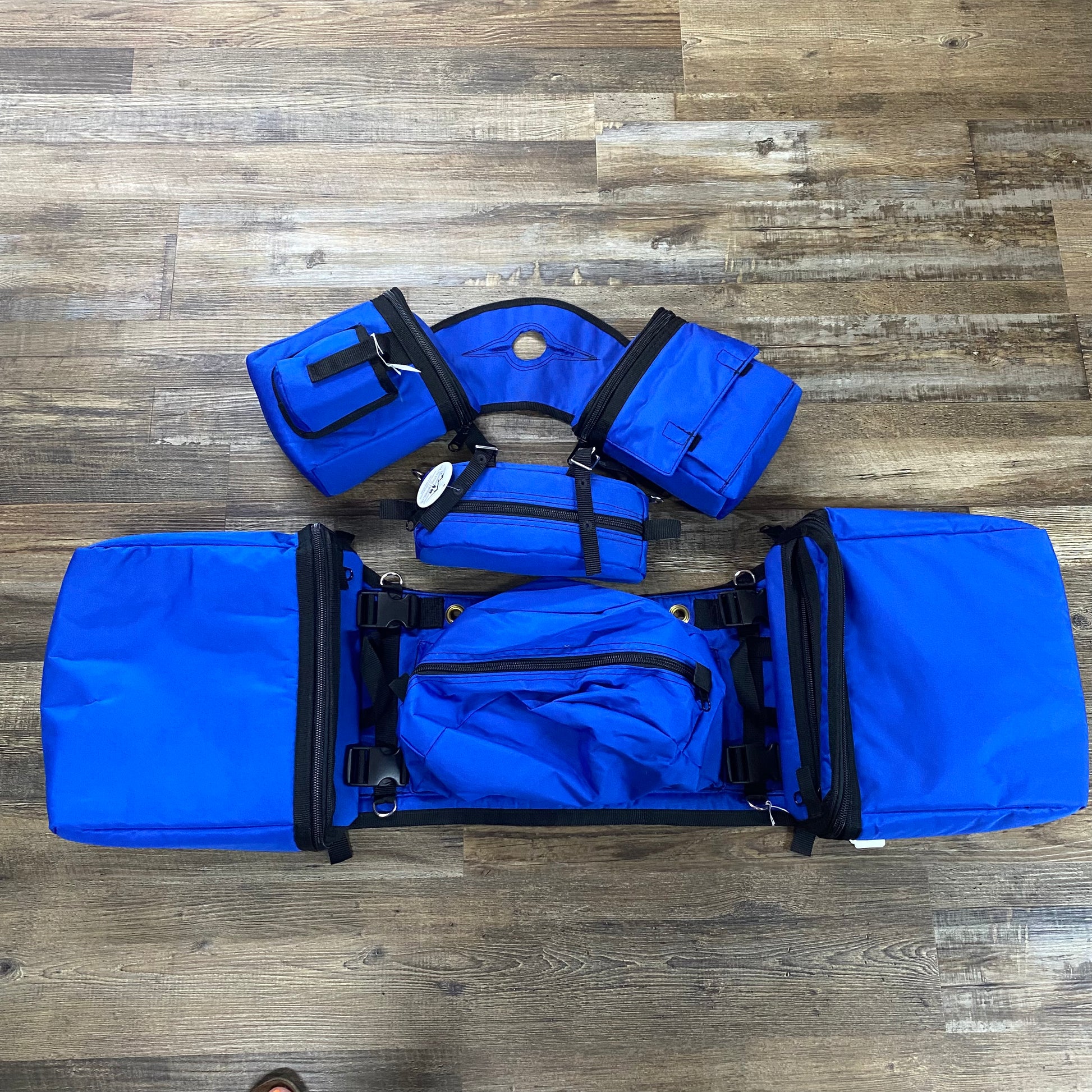 3 Piece Set Amish Made Kentucky Blue Detachable Saddle Bags,  Horn Bags w/ Drink Holder & Pommel Bag