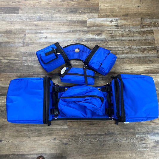 3 Piece Set Amish Made Kentucky Blue Detachable Saddle Bags,  Horn Bags w/ Drink Holder & Pommel Bag