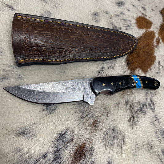 Premium Handmade Damascus Steel Ram Horn Handle w/ Turquoise & Leather Sheath