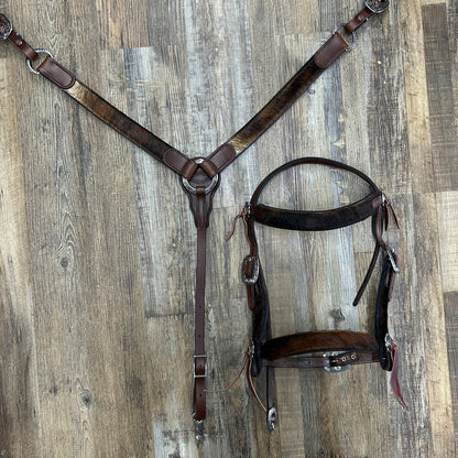 COWHIDE (Houston Hide) Schwartz Brown Leather Straight Bridle & Matching Breast Collar W/ Silver Stainless Steel Hardware Amish Crafted
