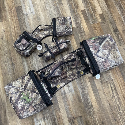 3 Piece Set Amish Made FALL CAMO Detachable Saddle Bags,  Horn Bags w/ Drink Holder & Pommel Bag