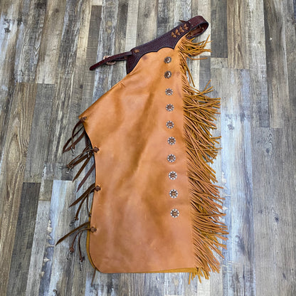 Amish Custom Leather Tooled Bastet Weave With Brass Conchos Chaps