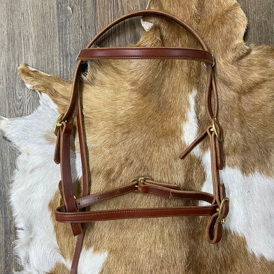 Amish Made Leather Bridle Browband & Cavison Headstall w/ Brass Hardware - Brown