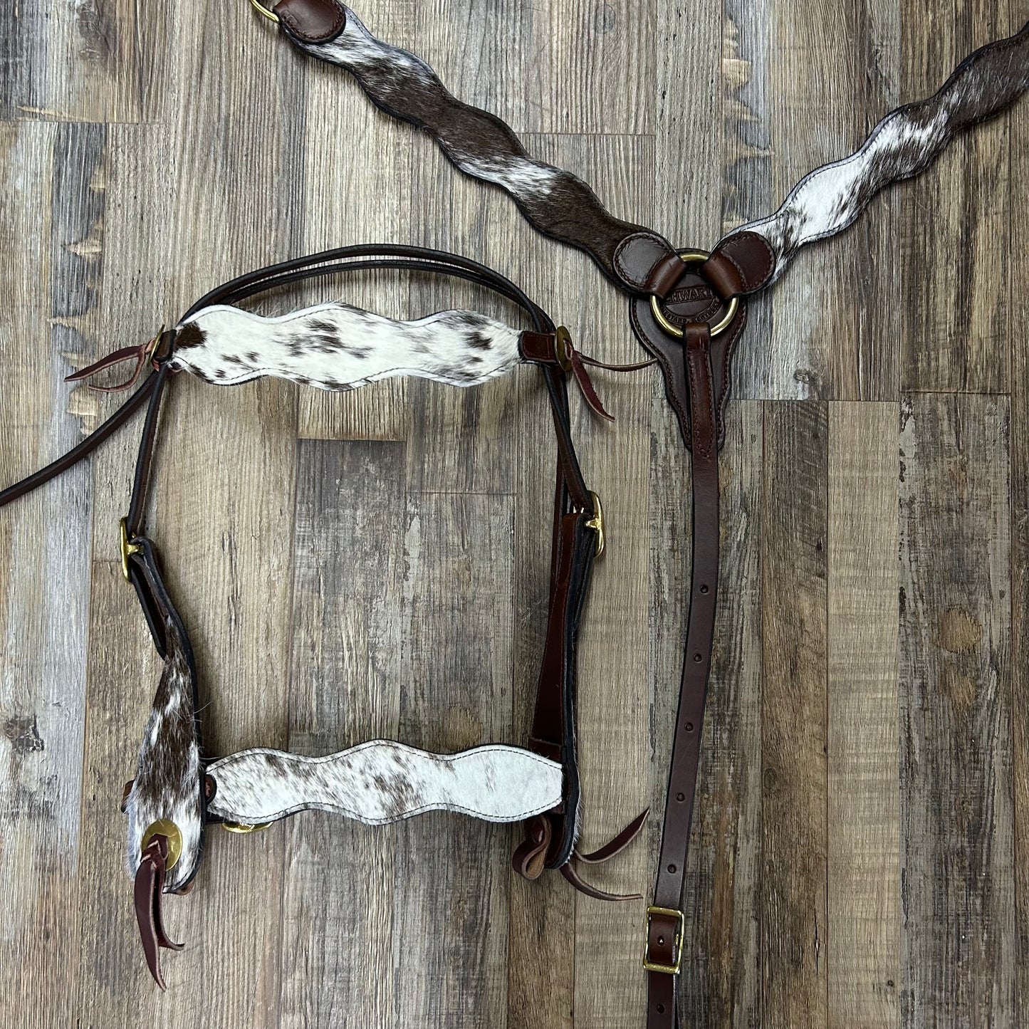 COWHIDE Set Speckled (Ranchy Hide) Schwartz Brown Leather Wavy Bridle & Matching Breast Collar W/ Brass Coated Hardware Amish Crafted