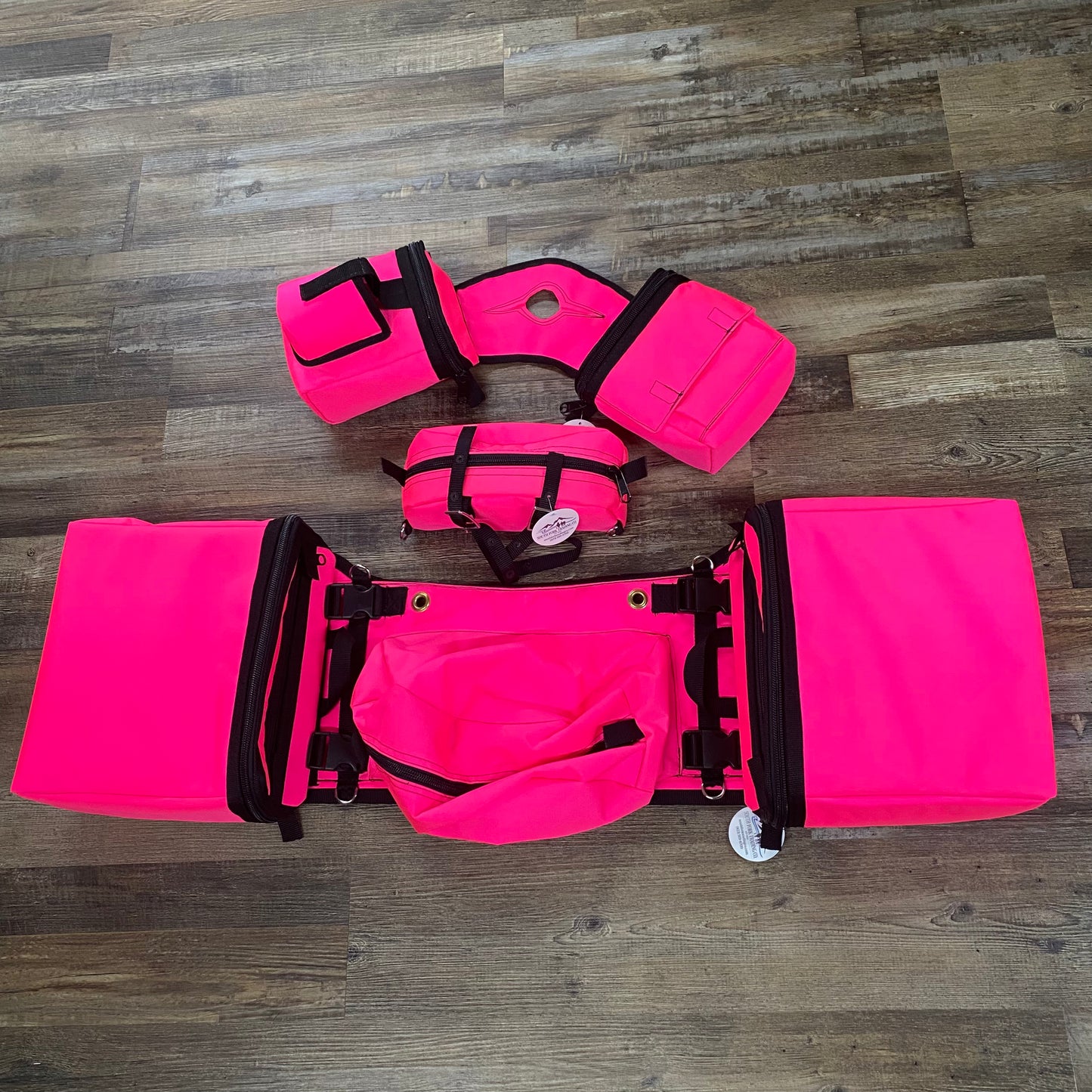 3 Piece Set Amish Made NEON PINK Detachable Saddle Bags,  Horn Bags w/ Drink Holder & Pommel Bag