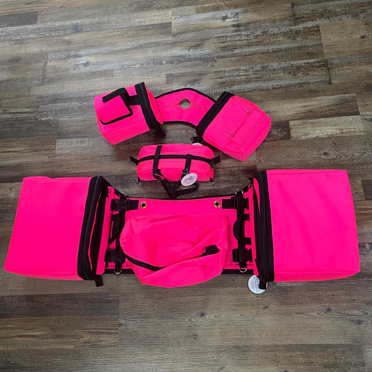 3 Piece Set Amish Made NEON PINK Detachable Saddle Bags,  Horn Bags w/ Drink Holder & Pommel Bag