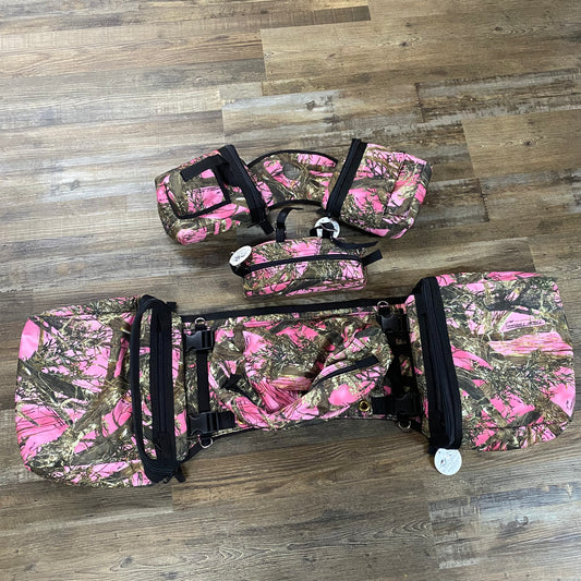 3 Piece Set Amish Made PINK CAMO Detachable Saddle Bags,  Horn Bags w/ Drink Holder & Pommel Bag