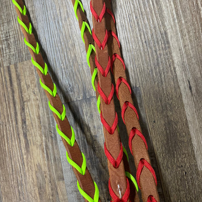 Leather Single Rein w/ Brass Hardware Braided in Green or Red String by Berlin Custom Leather