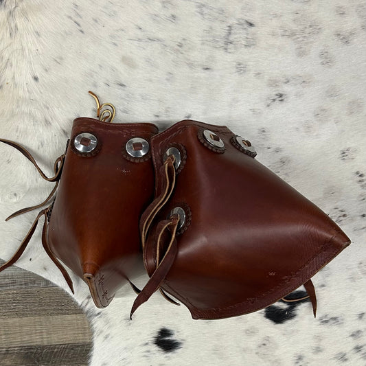 Schwartz Western Leather Stirrups Amish Crafted Brown Covered Leather Barbed Wire Tooling With Fringe & Conchos