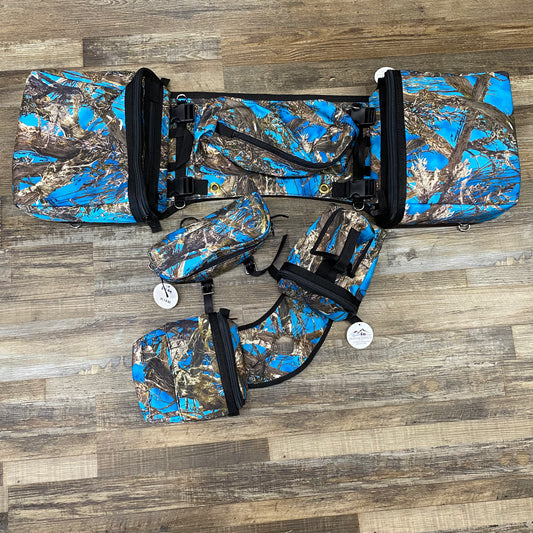 3 Piece Set Amish Made Blue Camo Detachable Saddle Bags,  Horn Bags w/ Drink Holder & Pommel Bag