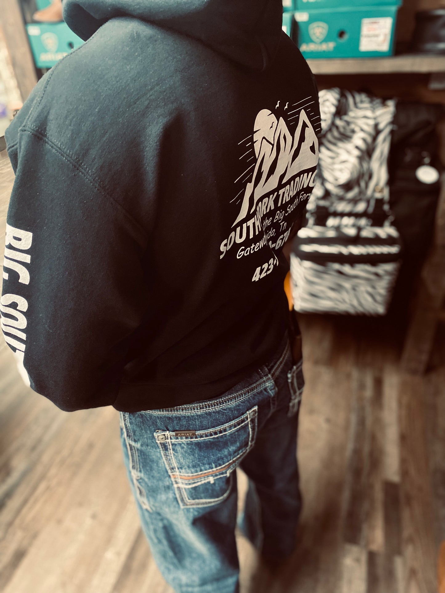 NEW Black w/ White Writing South Fork Trading Co - Adult Unisex Hoodie w/ Detailed Sleeve