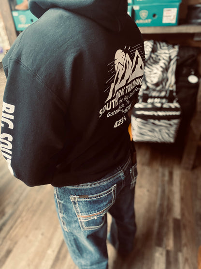 NEW Black w/ White Writing South Fork Trading Co - Adult Unisex Hoodie w/ Detailed Sleeve