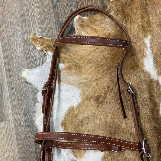 Amish Made Leather Bridle Browband & Cavison Headstall w/ Silver Stainless Steel Hardware - Brown