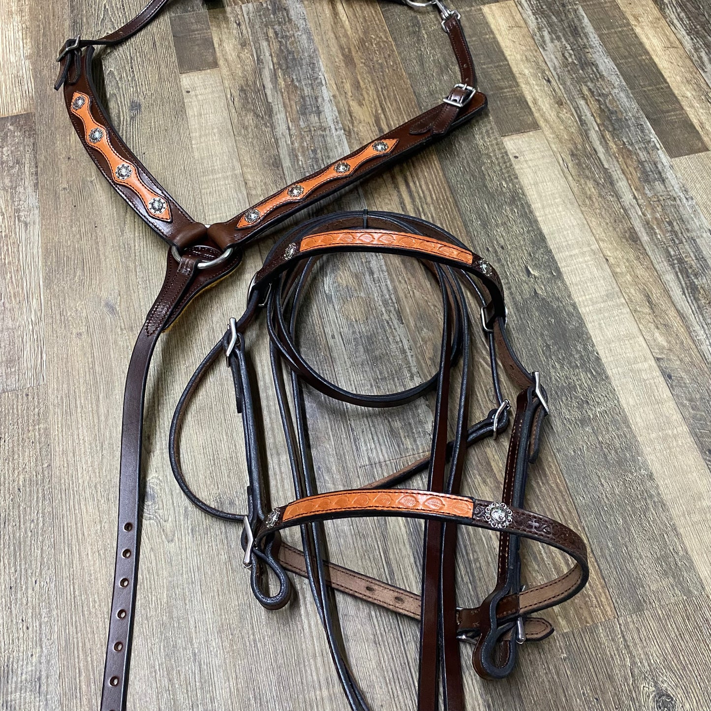 NEW Western Blossom Miller OLD TIMER 17” Handcrafted Custom w/ Cheyenne Roll, Berry Conchos, Saddle Bag Stays w/ Matching Blossom Overlay Aussie Pulling Collar & Detailed Bridle