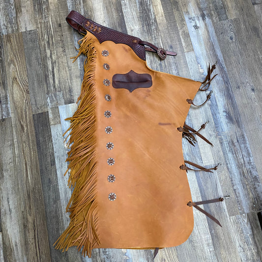 Amish Custom Leather Tooled Bastet Weave With Brass Conchos Chaps