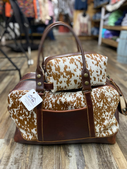 Amish Crafted “Get Away” SET Rectangular Shaped All Leather & Cowhide Toiletries Bag & Large Duffle