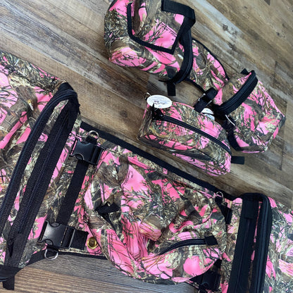 3 Piece Set Amish Made PINK CAMO Detachable Saddle Bags,  Horn Bags w/ Drink Holder & Pommel Bag