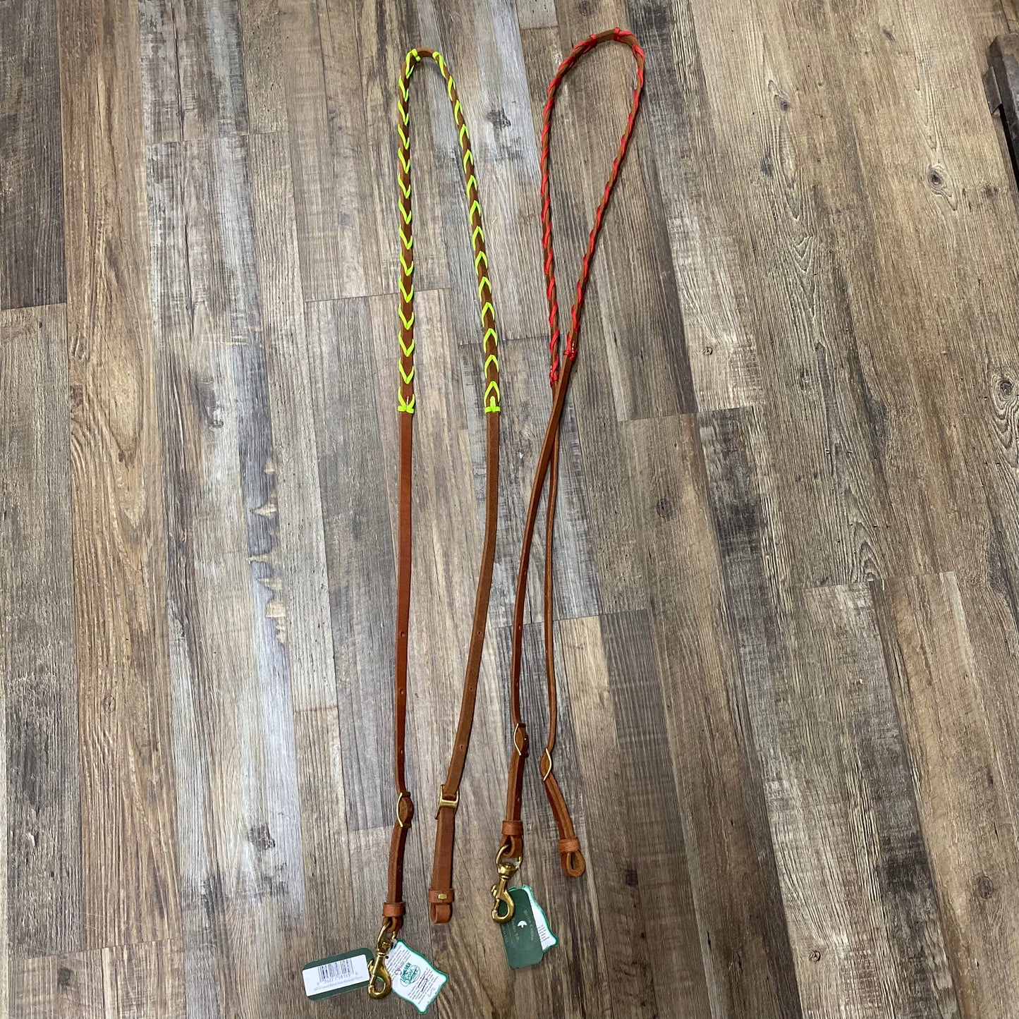 Leather Single Rein w/ Brass Hardware Braided in Green or Red String by Berlin Custom Leather