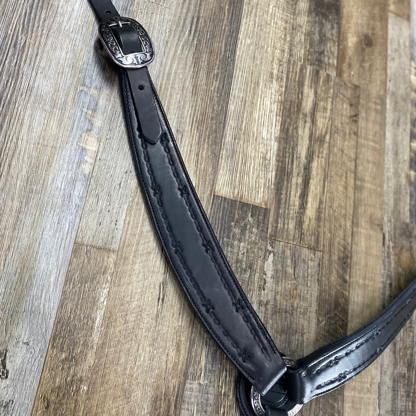 Schwartz Leather Western Straight Breast Collar Barbed Wire  Trim Tooled  - Black w/ PREMIUM Black inlay Silver Hardware