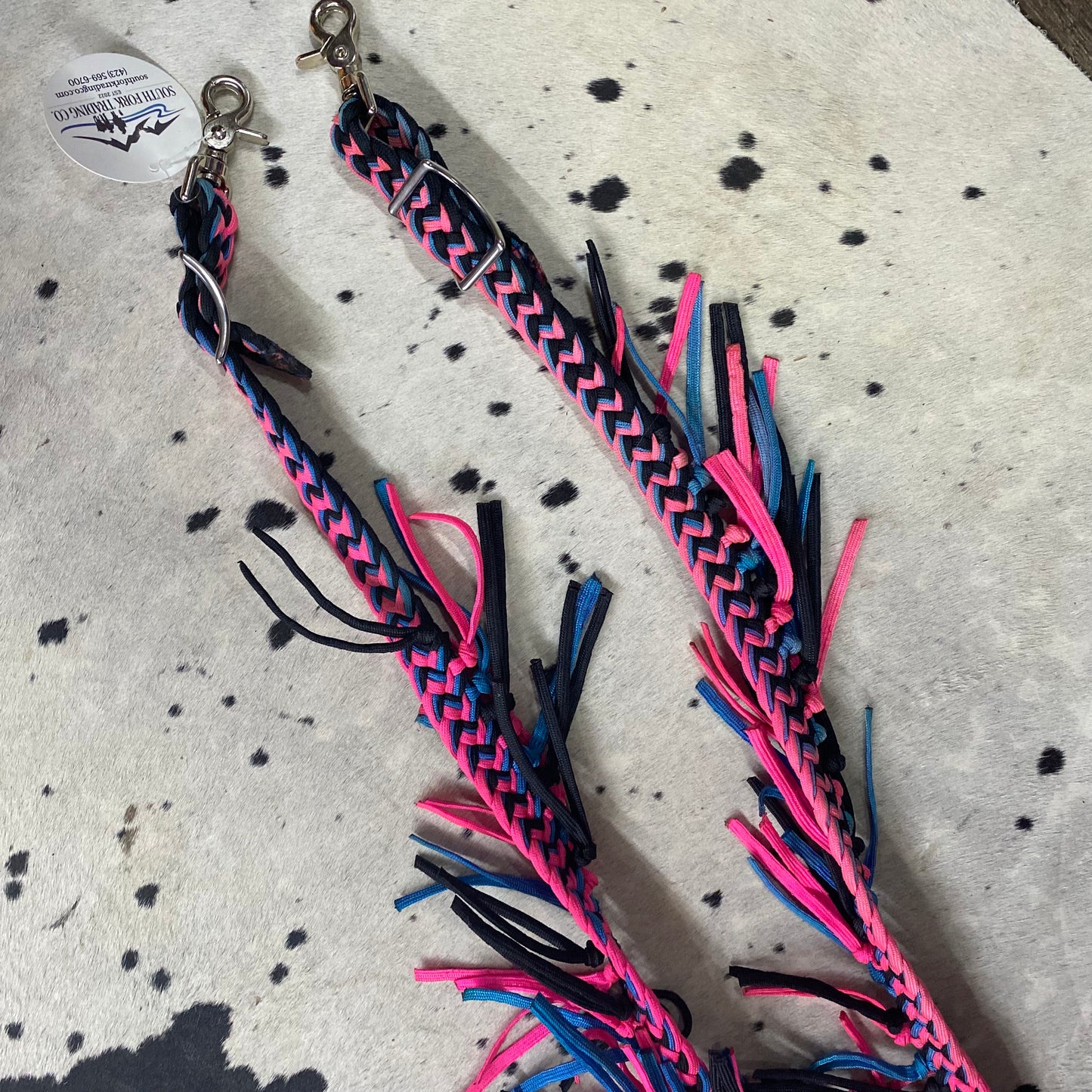 Fringe Power Cord Hand Braided Reins Pink, Black, & Blue