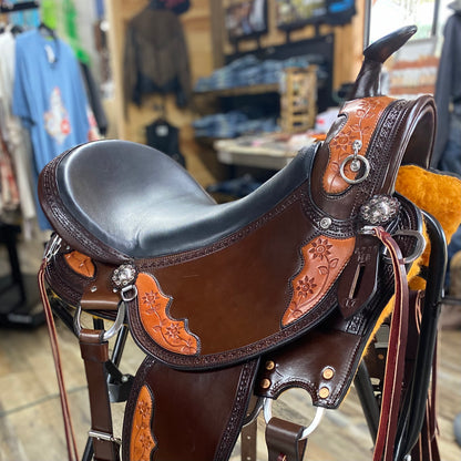 NEW Western Blossom Miller OLD TIMER 17” Handcrafted Custom w/ Cheyenne Roll, Berry Conchos, Saddle Bag Stays w/ Matching Blossom Overlay Aussie Pulling Collar & Detailed Bridle