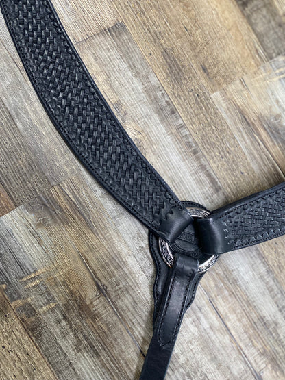Schwartz Leather Western Straight Breast Collar Basketweave Tooled  - Black w/ PREMIUM Black inlay Silver Hardware