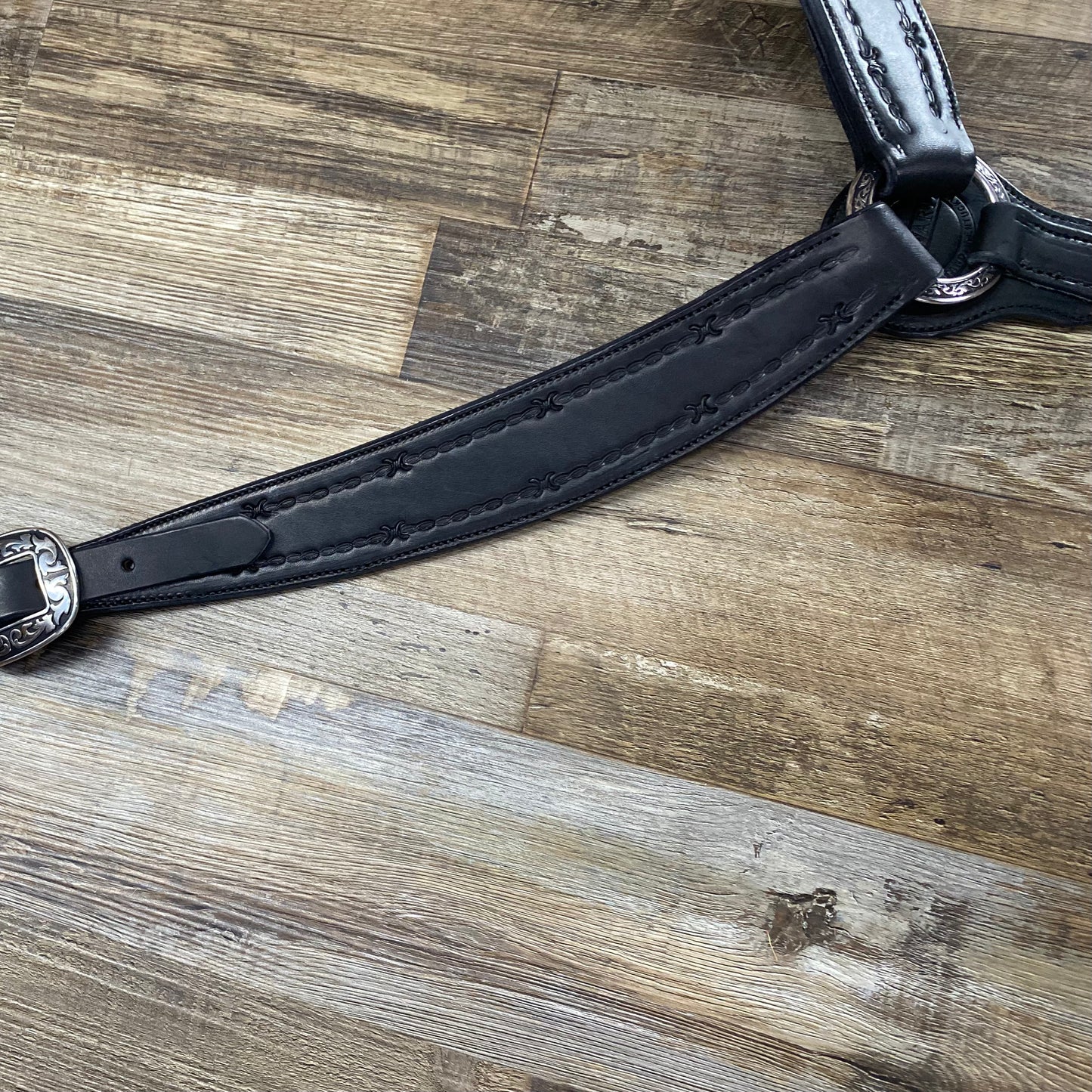 Schwartz Leather Western Straight Breast Collar Barbed Wire  Trim Tooled  - Black w/ PREMIUM Black inlay Silver Hardware