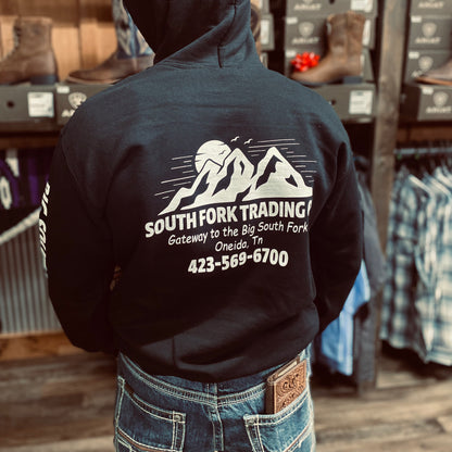 NEW Black w/ White Writing South Fork Trading Co - Adult Unisex Hoodie w/ Detailed Sleeve
