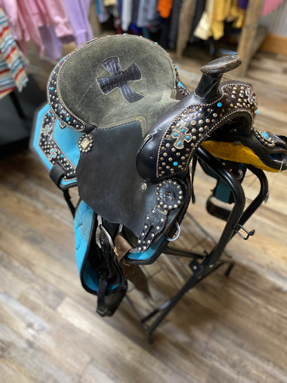 USED TOUGH 1 Bedazzled Teal WESTERN Saddle 15”