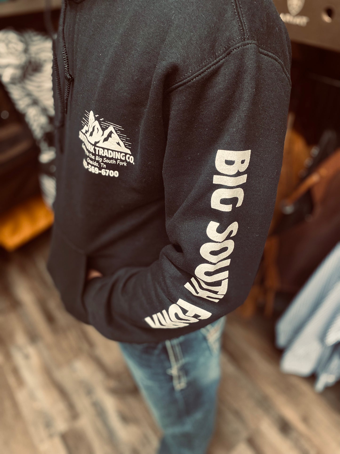 NEW Black w/ White Writing South Fork Trading Co - Adult Unisex Hoodie w/ Detailed Sleeve
