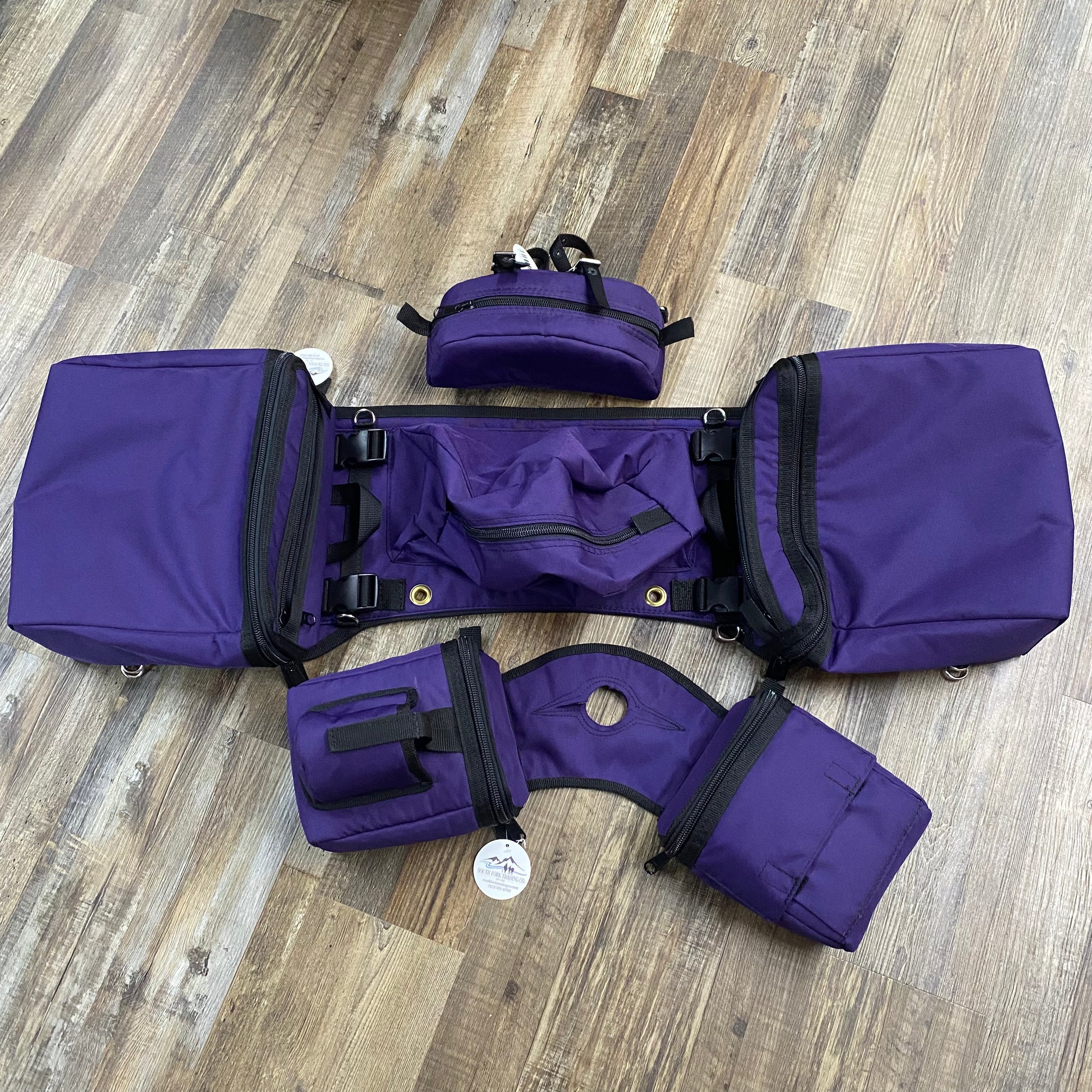 3 Piece Set Amish Made Purple Detachable Saddle Bags,  Horn Bags w/ Drink Holder & Pommel Bag