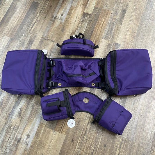 3 Piece Set Amish Made Purple Detachable Saddle Bags,  Horn Bags w/ Drink Holder & Pommel Bag
